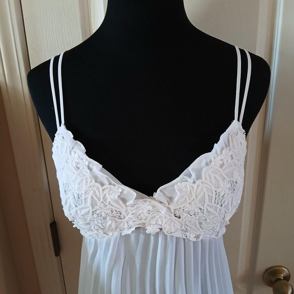 Vintage White Maxi Slip Dress Lacey Top Sheer Pleated Accordion Skirt S Coquette - Picture 5 of 8